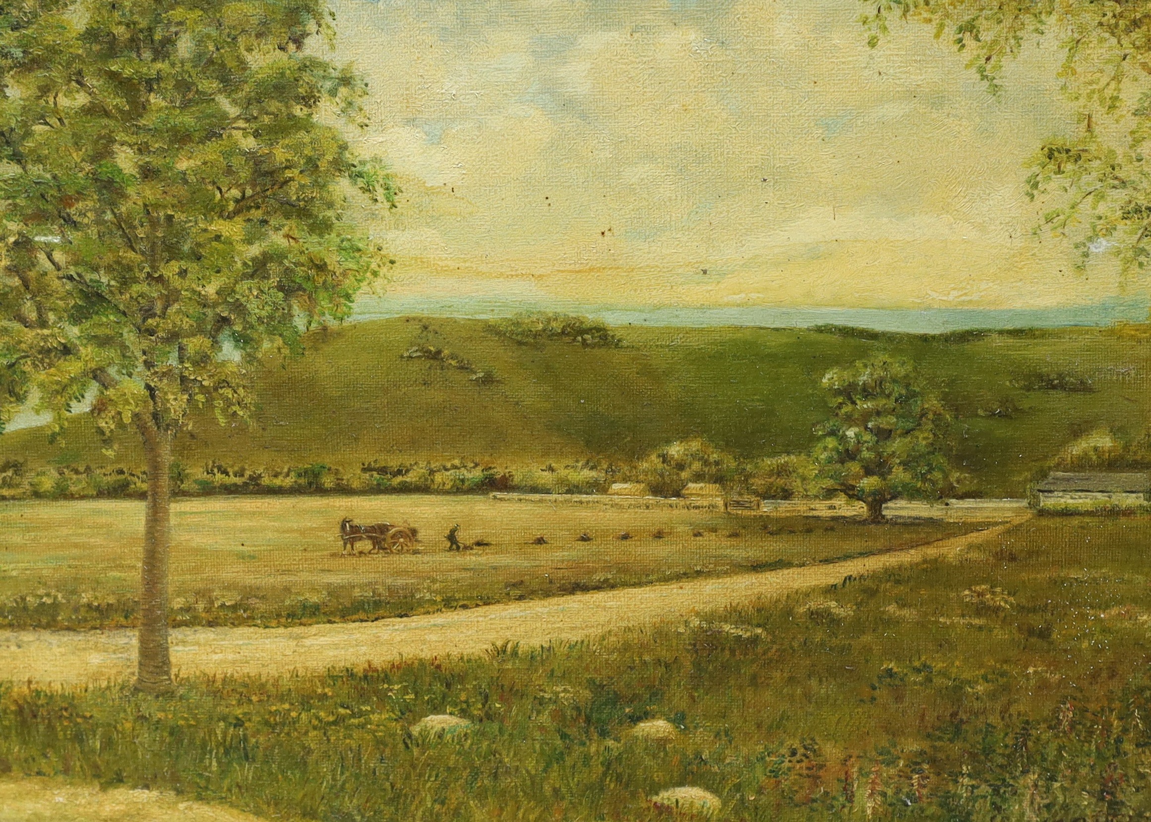 W.R.H Paul, two oils on canvas, Eastbourne, 'The Piggery Green Street Farm' and 'Path to Jevington', signed and dated c.1950, largest 34 x 42cm